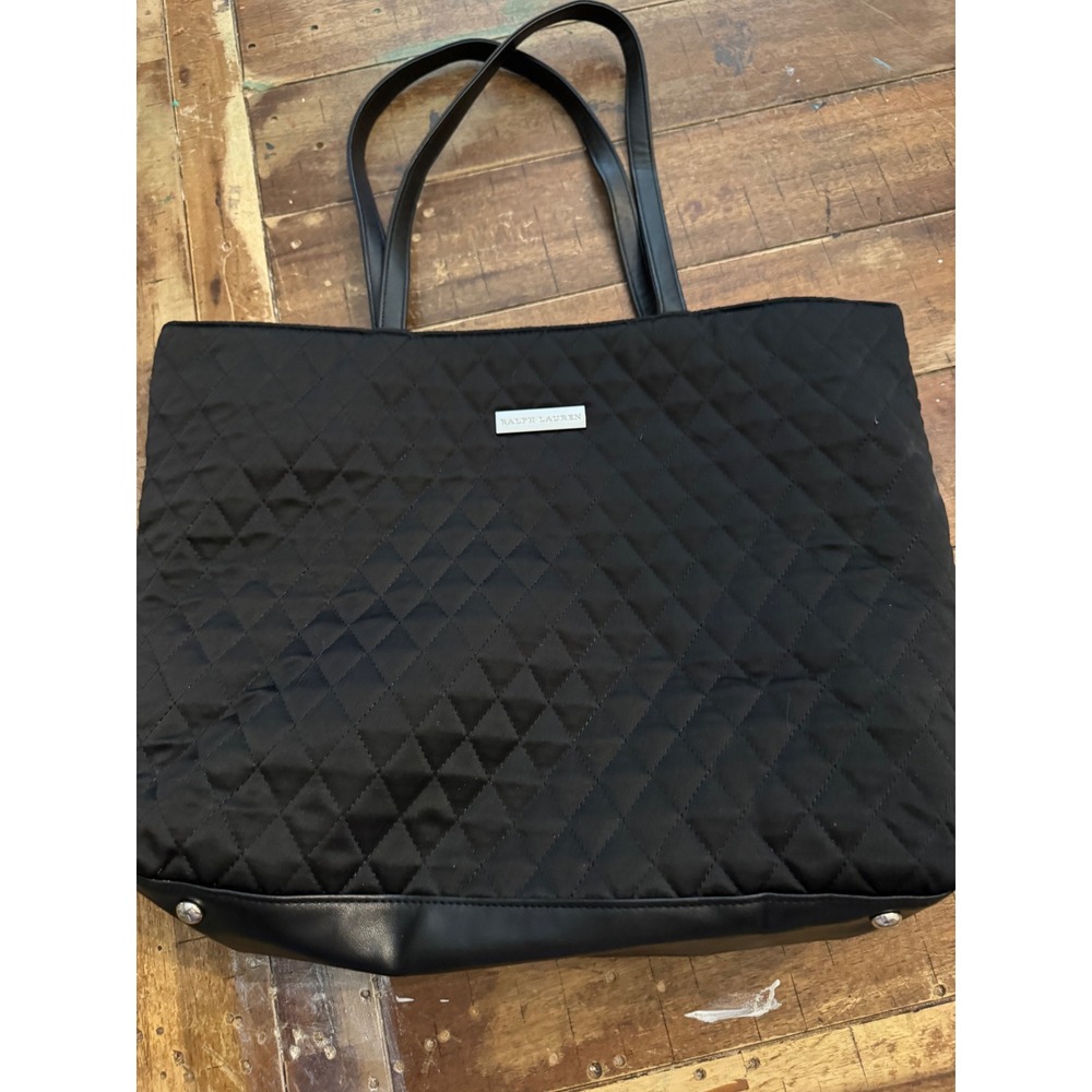 Ralph Lauren Black Quilted Tote Bag Pink Lining Silver Logo Shoulder Bag